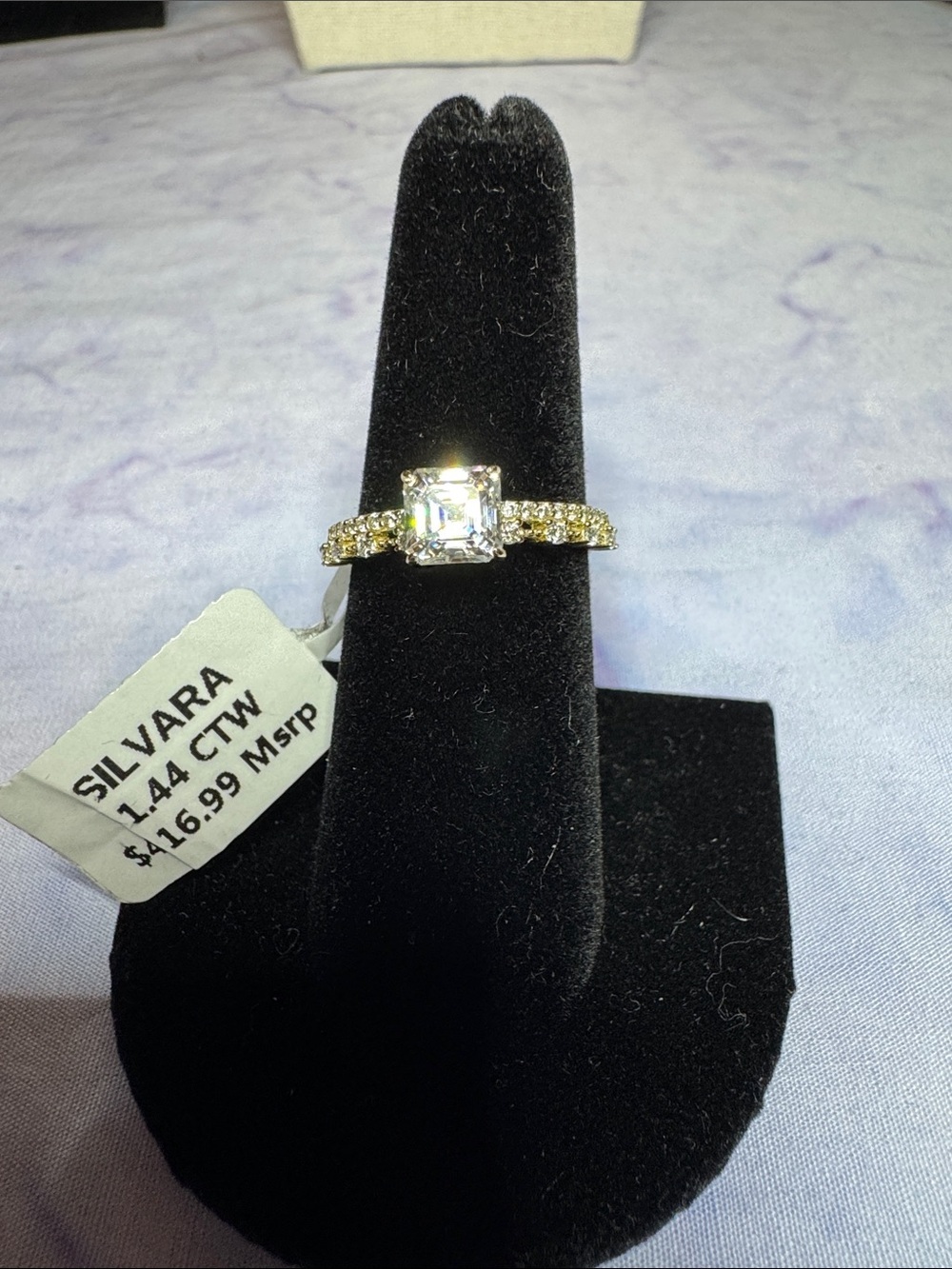 925 Silver Gold-Tone Asscher Cut 1.44 CTW Moissanite Ring with double band